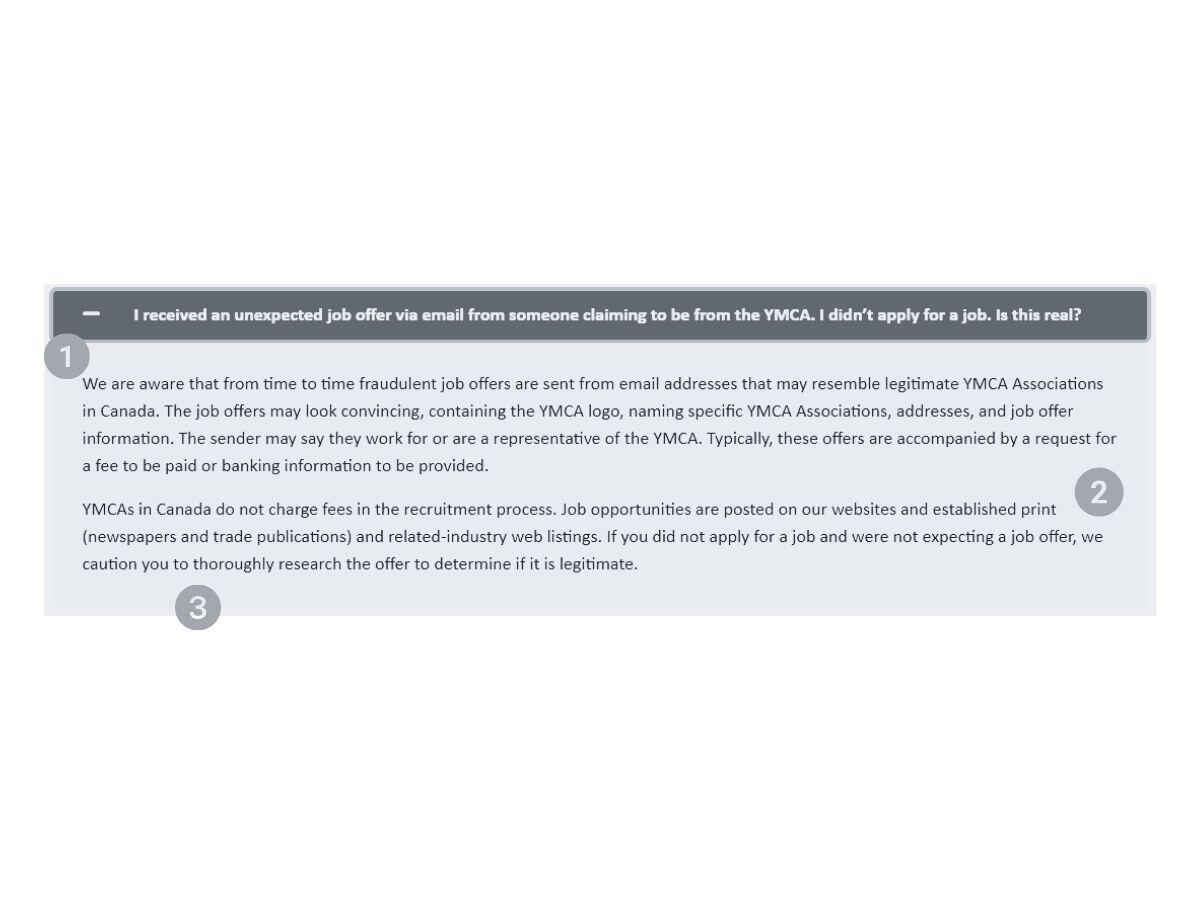 Before FAQ Before/after FAQ on job‑offer scams; after adds answer‑first headline and clear steps