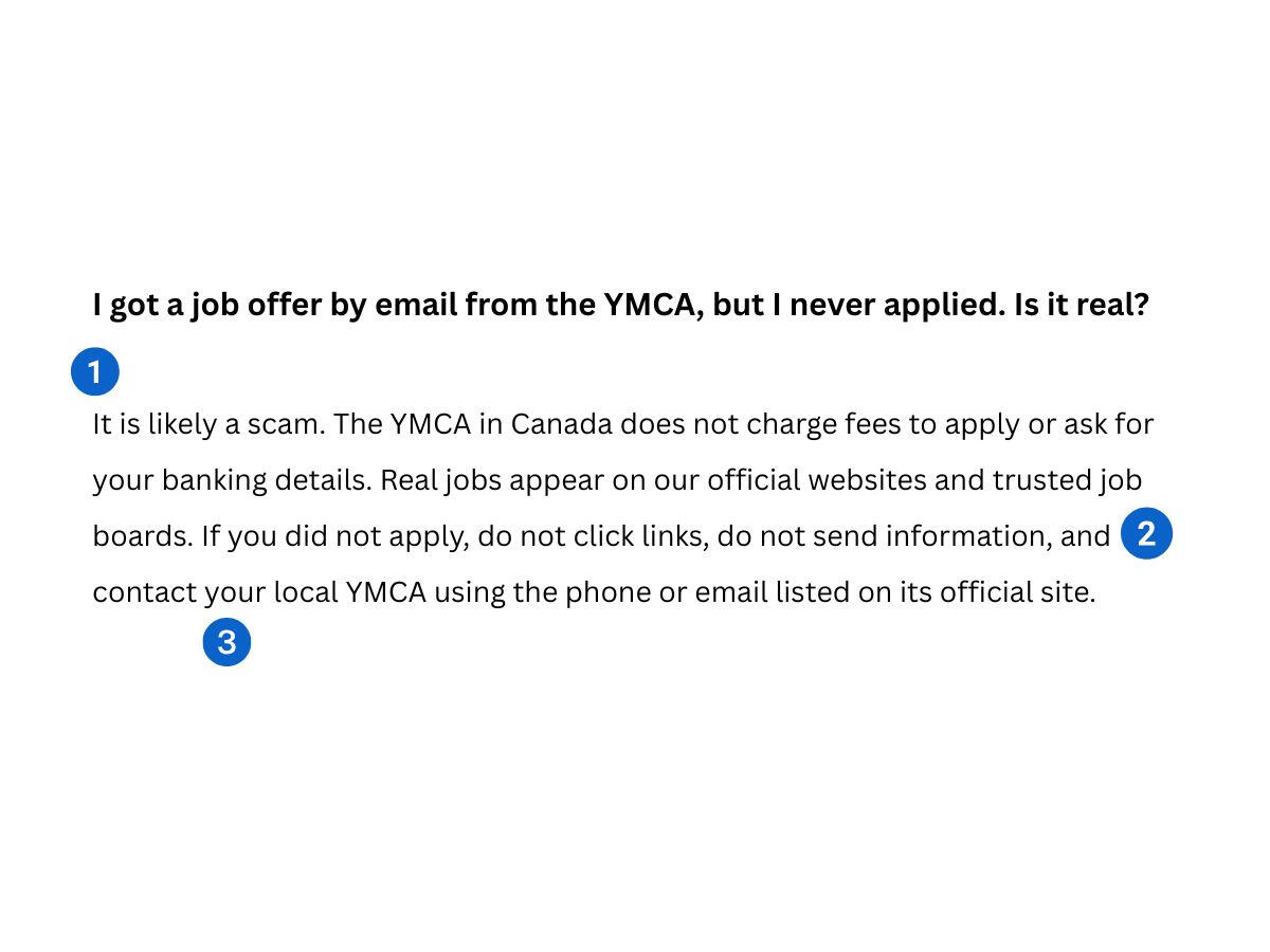 Before/after FAQ on job‑offer scams; after adds answer‑first headline and clear steps